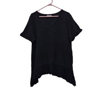Cottonways Black Lace Trim Asymmetrical Tunic Top Lagenlook‎  Boho Lightweight L